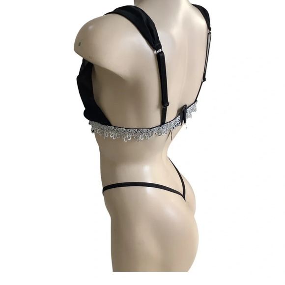 Dreamgirl Size Small silver bedazzled trim top with black thong New Without Tags - Picture 2 of 9